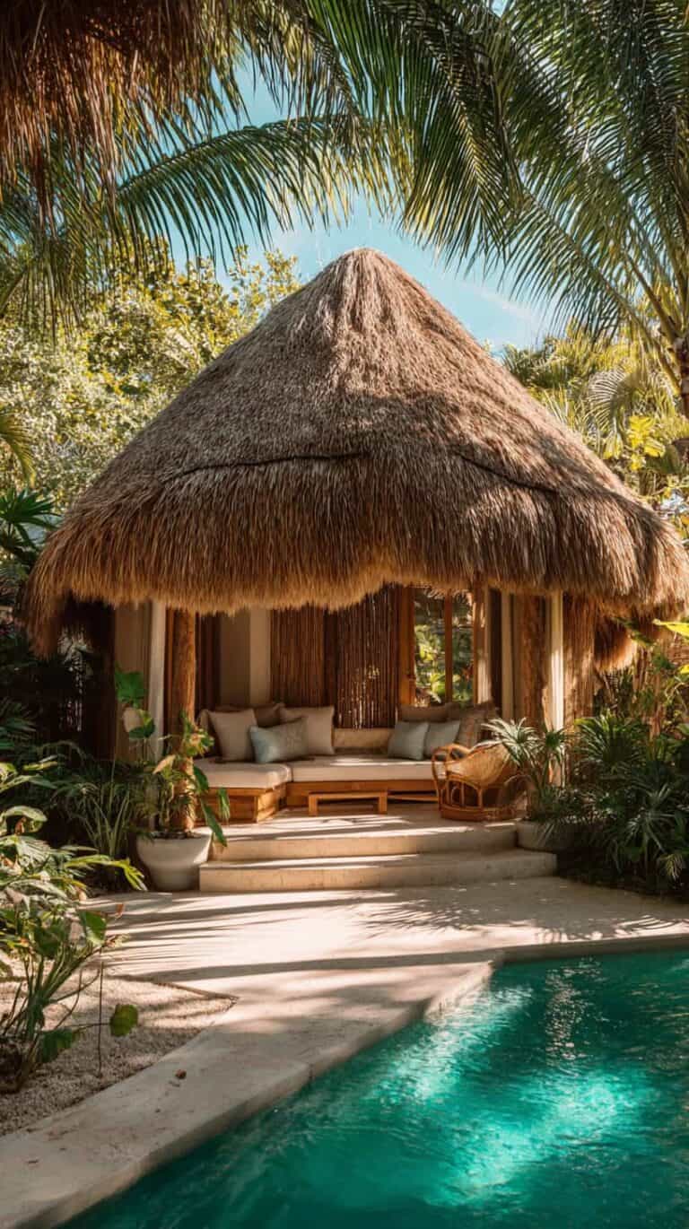 A thatched-roof cabana with a seating area beside a turquoise pool, surrounded by lush tropical plants.