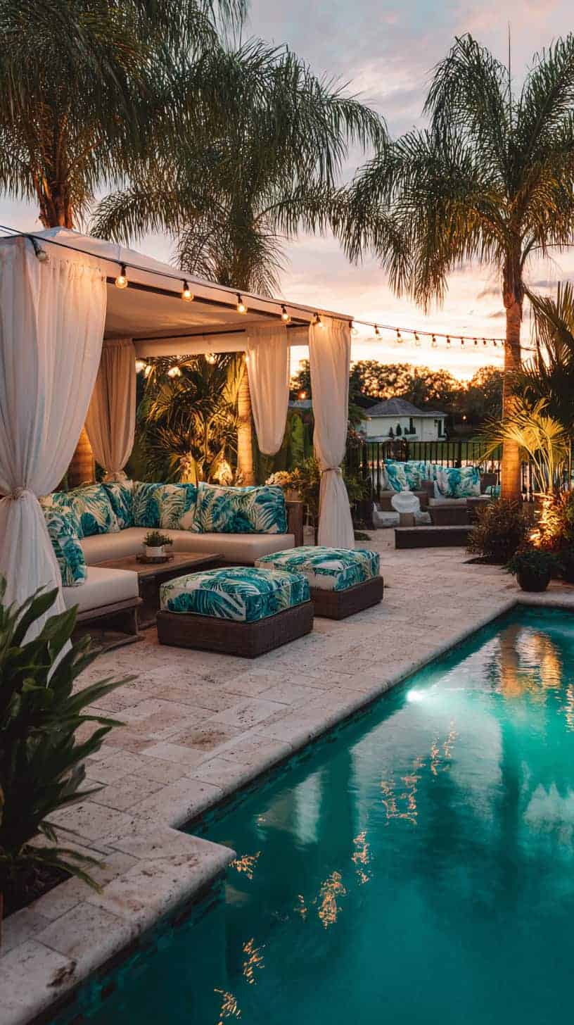 A luxurious outdoor pool area with a cabana, tropical cushions, and string lights, surrounded by palm trees at sunset.