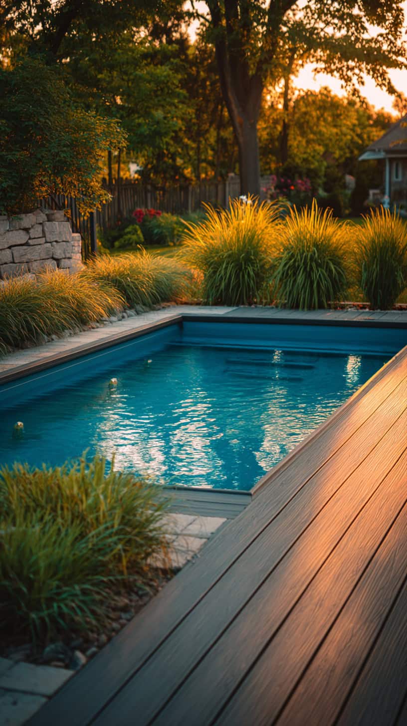 Backyard pool surrounded by lush ornamental grass, with a wooden deck and warm sunset lighting.