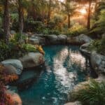 A small, serene pool surrounded by rocks and lush greenery, with the sun setting in the background.