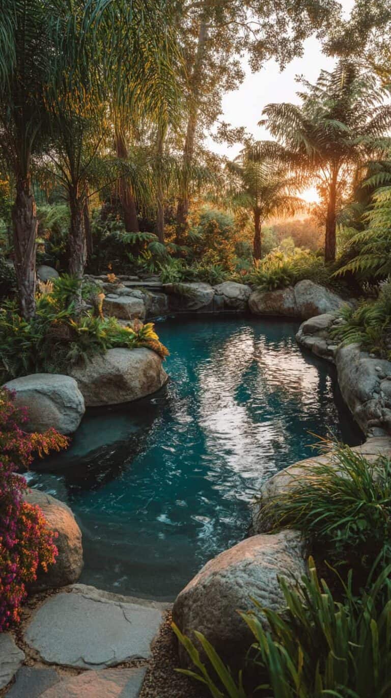 A small, serene pool surrounded by rocks and lush greenery, with the sun setting in the background.