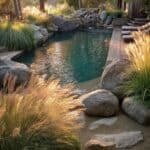 A natural-looking pool surrounded by rocks, tall grasses, and wooden decking, with sunlight streaming through trees.