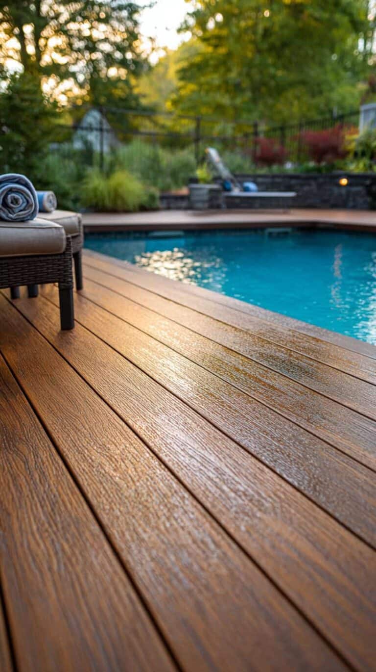Wooden poolside deck with chairs and rolled towels beside a clear blue swimming pool, surrounded by greenery.