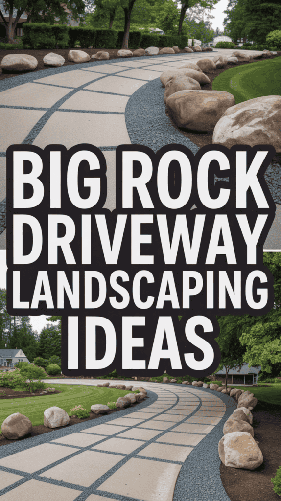 A winding driveway lined with large rocks and neatly trimmed grass, featuring bold text: "Big Rock Driveway Landscaping Ideas."