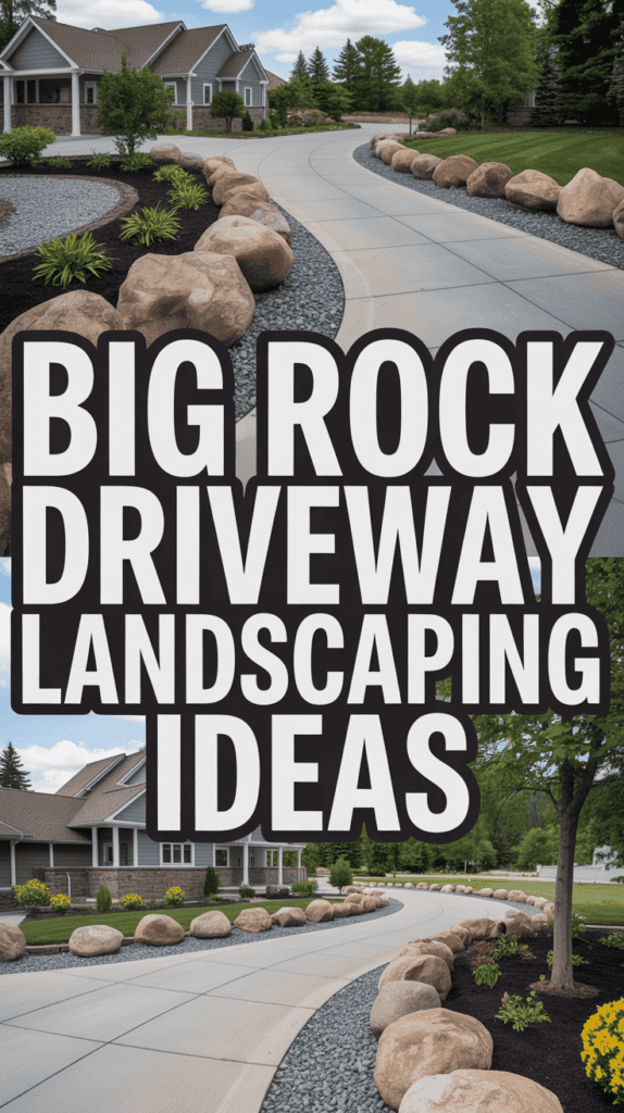Driveway with large rocks and landscaping in front of a house, featuring trees and well-kept garden areas.