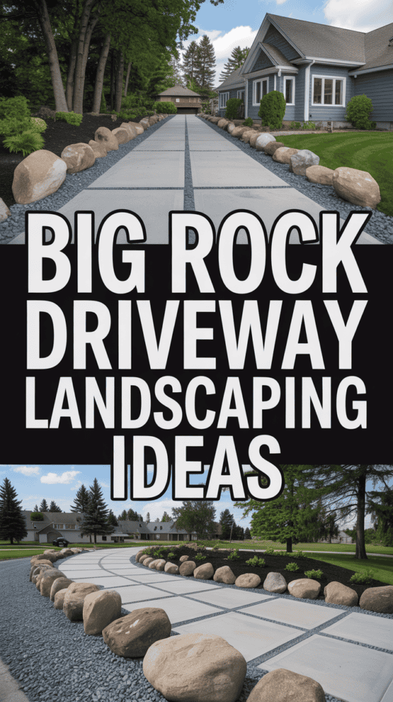 A paved driveway bordered with large rocks and gravel, featuring suburban homes and trees. Text reads "Big Rock Driveway Landscaping Ideas."