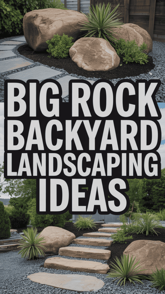 A landscaped backyard with large rocks, plants, and a stone pathway, featuring bold text: "Big Rock Backyard Landscaping Ideas."