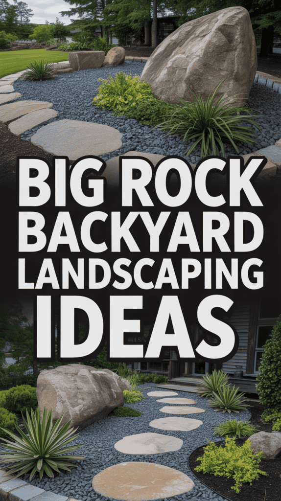 Large rocks and plants in a landscaped backyard with bold text: "Big Rock Backyard Landscaping Ideas."
