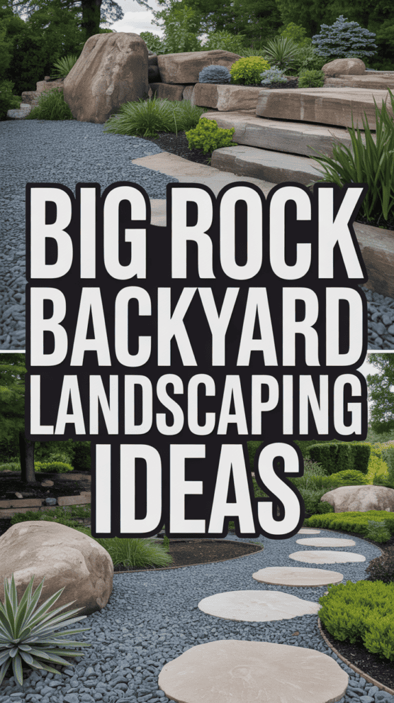 Landscaped garden with large rocks, stone pathways, and lush greenery, featuring text: "Big Rock Backyard Landscaping Ideas."