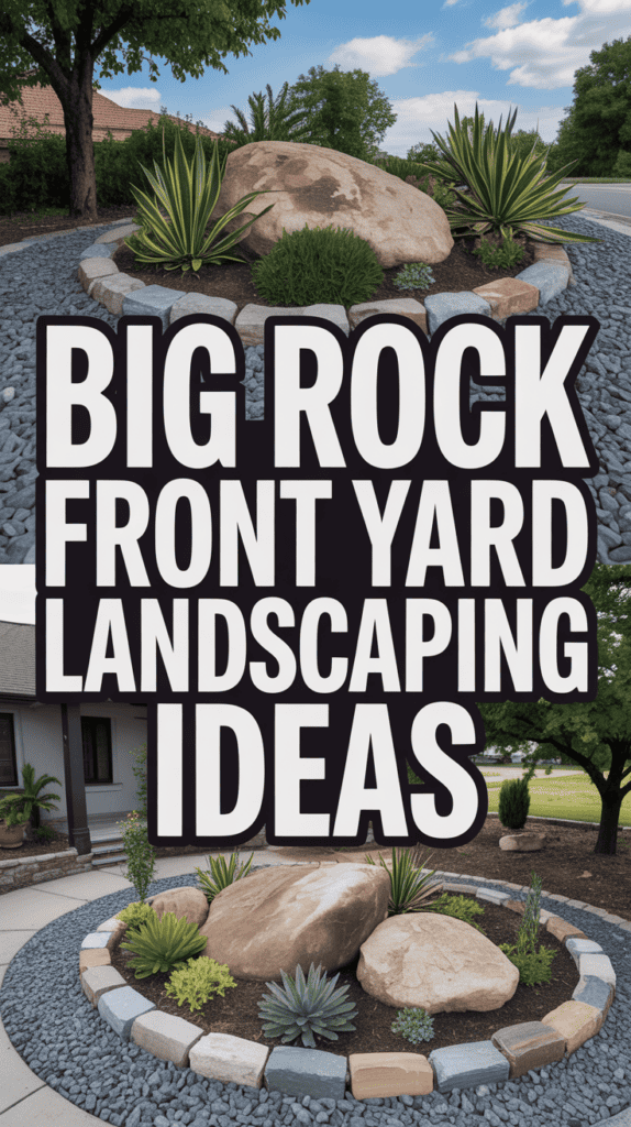 Large boulders surrounded by gravel and small plants in a landscaped front yard, text: "Big Rock Front Yard Landscaping Ideas."