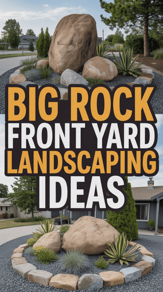 A large rock in a landscaped front yard surrounded by smaller stones and plants, with text: "Big Rock Front Yard Landscaping Ideas."