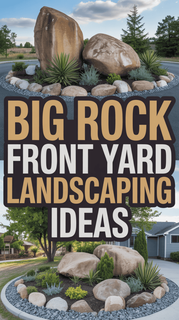 A front yard landscape with large rocks, greenery, and bold text: "Big Rock Front Yard Landscaping Ideas."