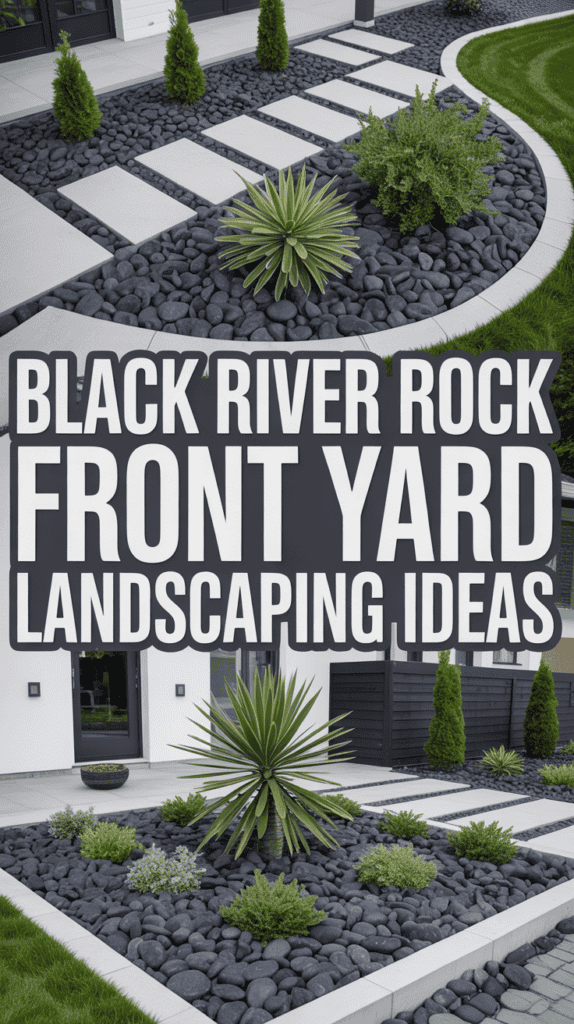 Front yard with black river rock landscaping featuring spiky plants and modern design elements.