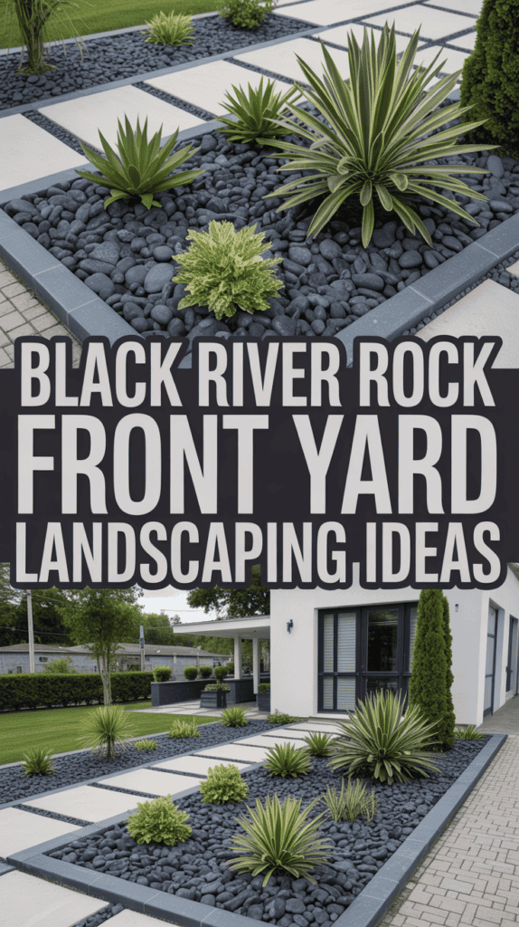 Front yard landscape features geometric rock arrangements with various green plants on a modern home backdrop.