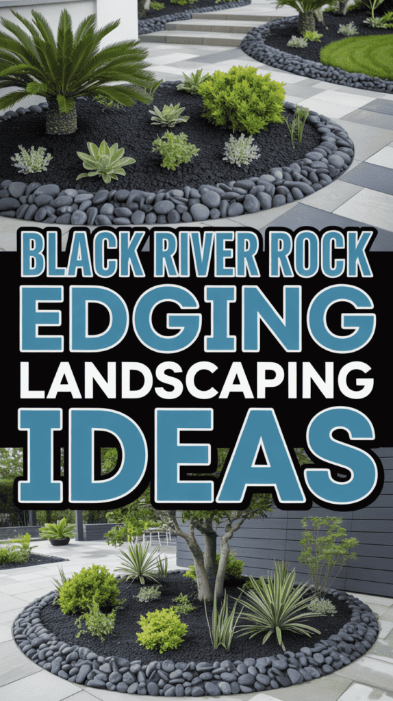 Landscaping ideas showcasing black river rock edging with various plants and geometric paver patterns.