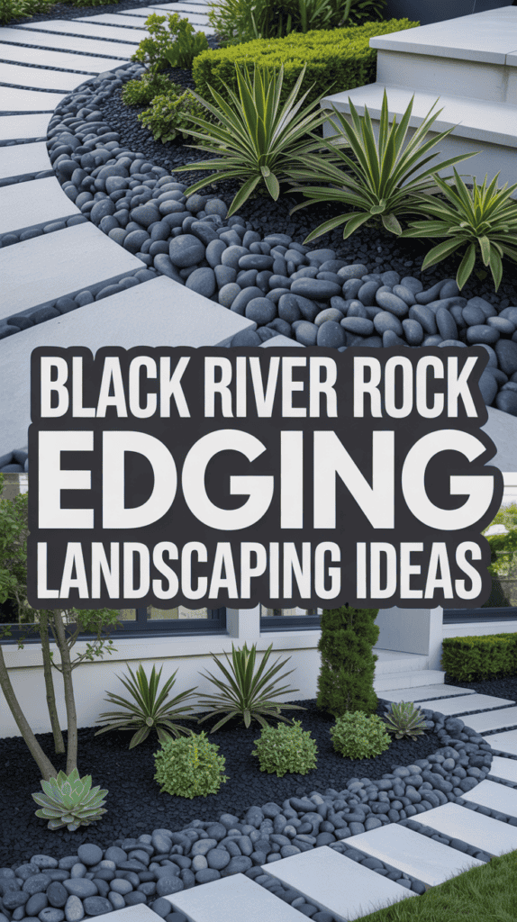Black river rock landscaping with neatly arranged plants and sleek modern edging, featuring text reading "Black River Rock Edging Landscaping Ideas."