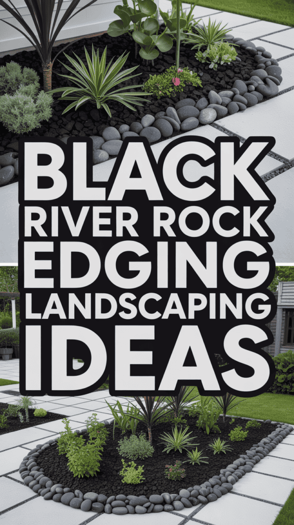 Landscaped garden with black river rock edging surrounding various plants and paving stones.