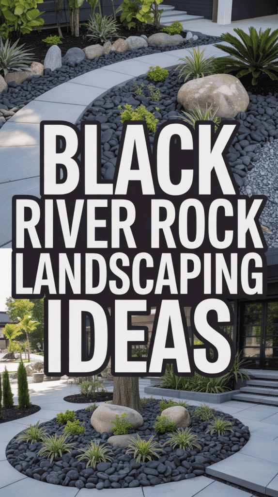 Landscaped garden with black river rocks, large stones, plants, and the text "Black River Rock Landscaping Ideas."