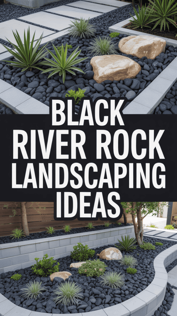 Landscaped garden with black river rocks, large stones, and green plants, featuring a text overlay: "Black River Rock Landscaping Ideas".
