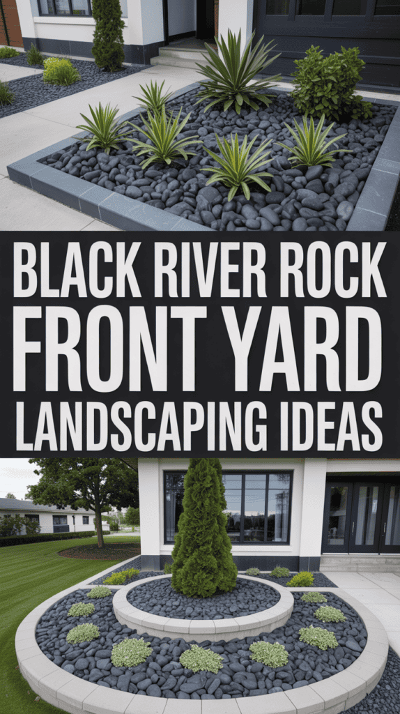 Front yard with black river rock landscaping, featuring yucca plants and a circular design with trimmed shrubs.