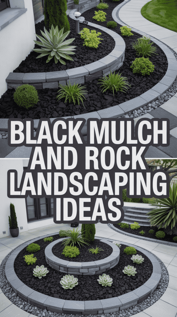 Modern garden with black mulch, rocks, and decorative plants arranged in curved beds next to a walkway.