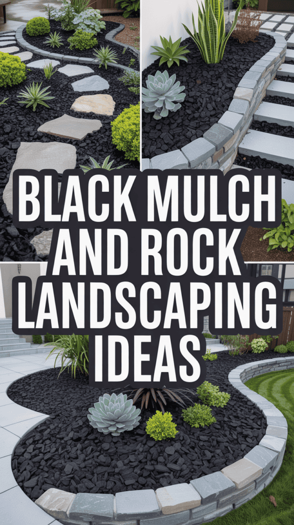 Collage of black mulch and stone landscaping with succulents and text: "Black Mulch and Rock Landscaping Ideas."