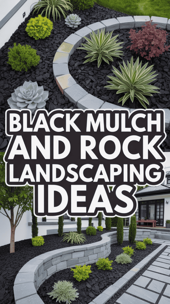 A landscaped garden with black mulch, various plants, and a curving gray stone border, featuring text: "Black Mulch and Rock Landscaping Ideas."