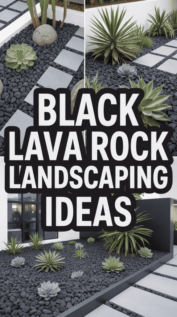 Collage of black lava rock landscaping with succulents and geometric stepping stones.