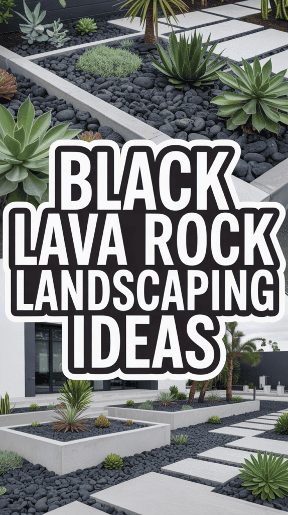 Stylish garden with black lava rocks, succulent plants, concrete slabs, and modern design elements.
