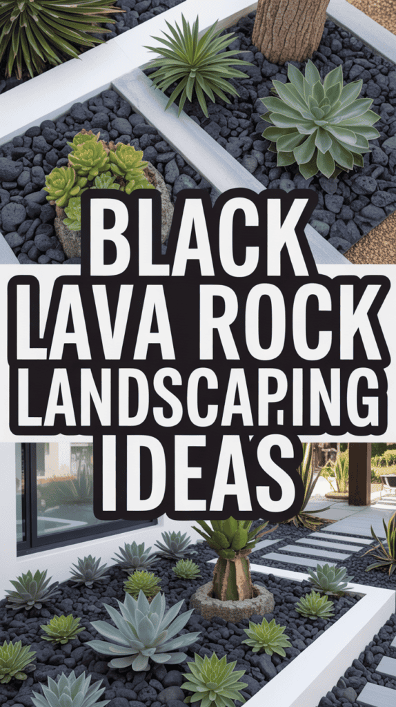 Text: "Black Lava Rock Landscaping Ideas" over images of succulent plants and black lava rock gardens.