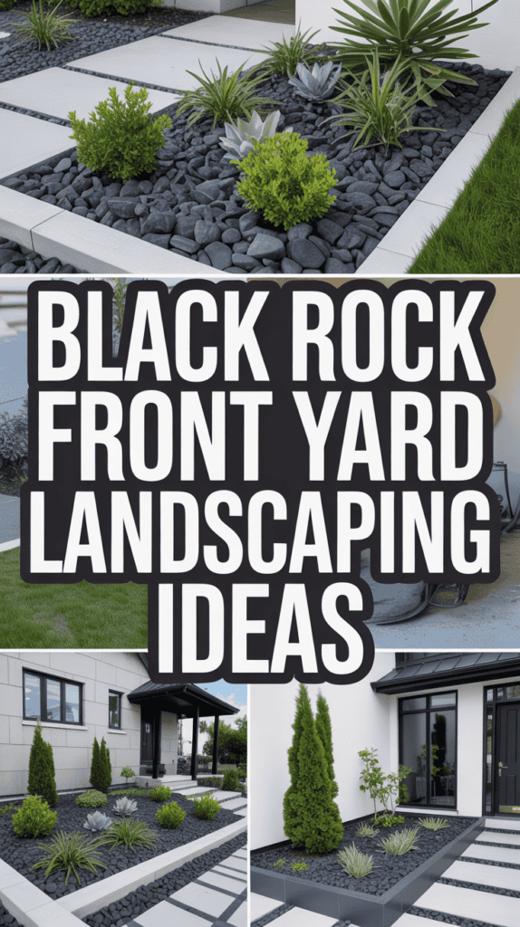 Collage of modern front yards featuring black rock landscaping and greenery with bold text "Black Rock Front Yard Landscaping Ideas."