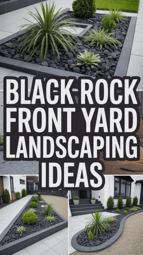 Collage of black rock front yard landscaping featuring modern minimalist designs with plants and stone arrangements.