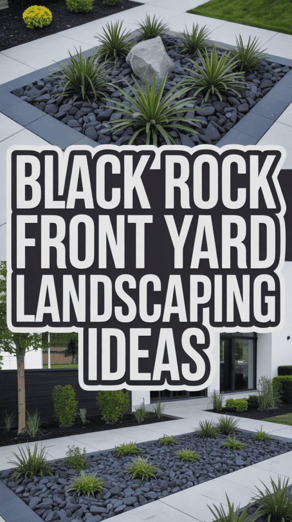 A landscaped front yard with black rocks, green plants, and paved walkways, featuring large bold text: "Black Rock Front Yard Landscaping Ideas."