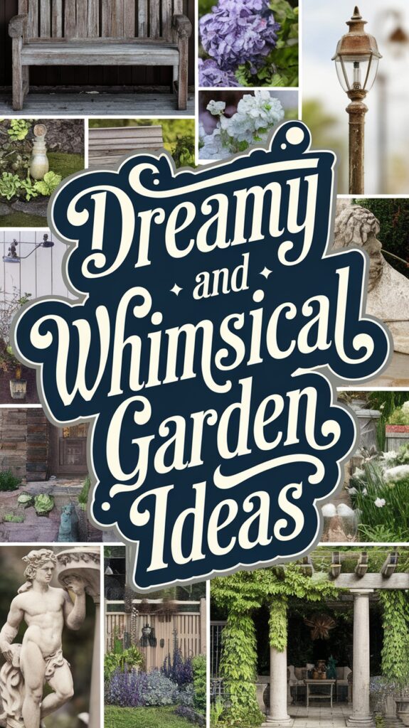 Collage of garden scenes with flowers, statues, and furniture, featuring the text "Dreamy and Whimsical Garden Ideas."