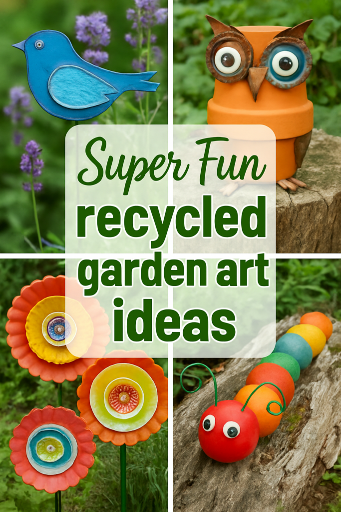 Colorful garden decorations made from recycled materials, including a blue bird, orange owl, vibrant flowers, and caterpillar.