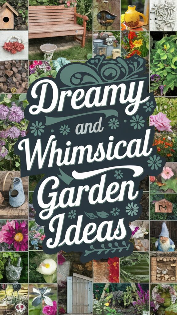 Collage of garden images surrounding the text "Dreamy and Whimsical Garden Ideas" with flowers, plants, and decorations.
