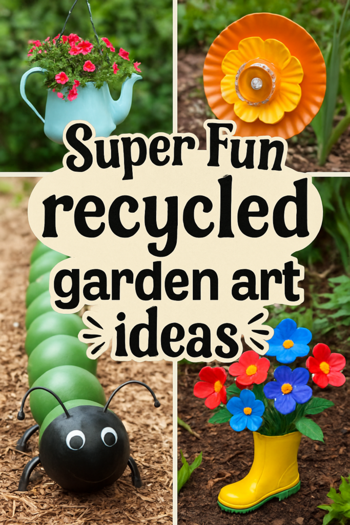 Collage of garden art made from recycled items: a teapot planter, a flower-shaped faucet, a caterpillar from painted balls, and a boot flowerpot.