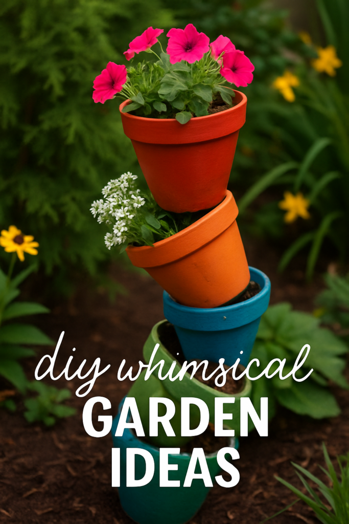 Stacked colorful pots with flowers, surrounded by greenery, featuring text: "diy whimsical garden ideas."