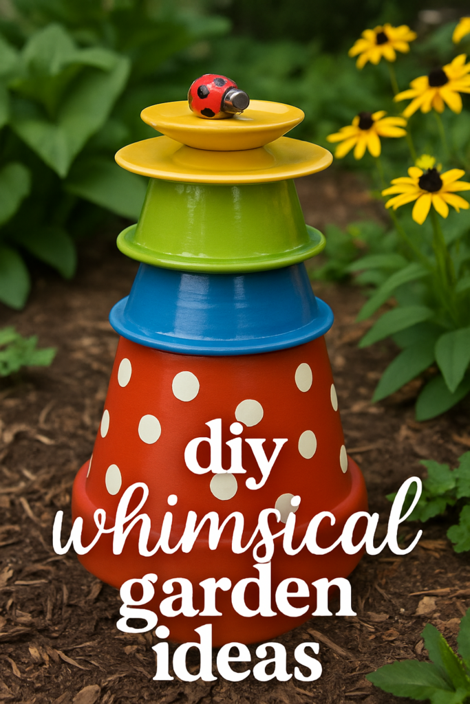 A colorful stack of flower pots topped with a ladybug ornament, surrounded by yellow flowers in a garden.