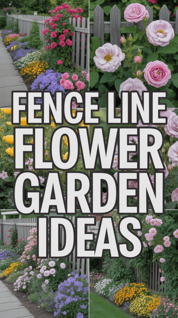 Collage of vibrant flower gardens along fences with text: "Fence Line Flower Garden Ideas."