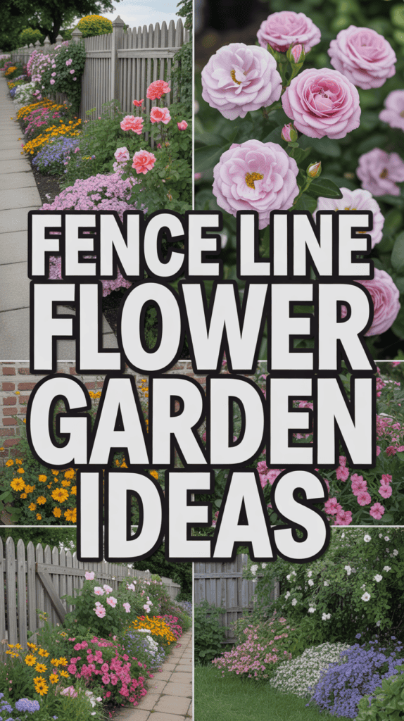 Collage of colorful flower gardens by fences, with bold text "Fence Line Flower Garden Ideas" overlaying the image.