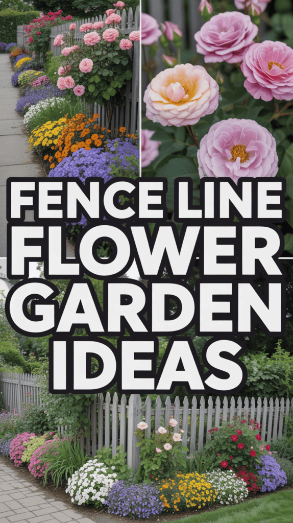 Vertical garden with colorful flowers along a white picket fence, featuring roses and various blooms. Text reads "Fence Line Flower Garden Ideas."