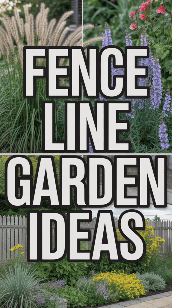 Text "Fence Line Garden Ideas" over images of lush garden plants, including ornamental grasses, flowers, and a white fence.