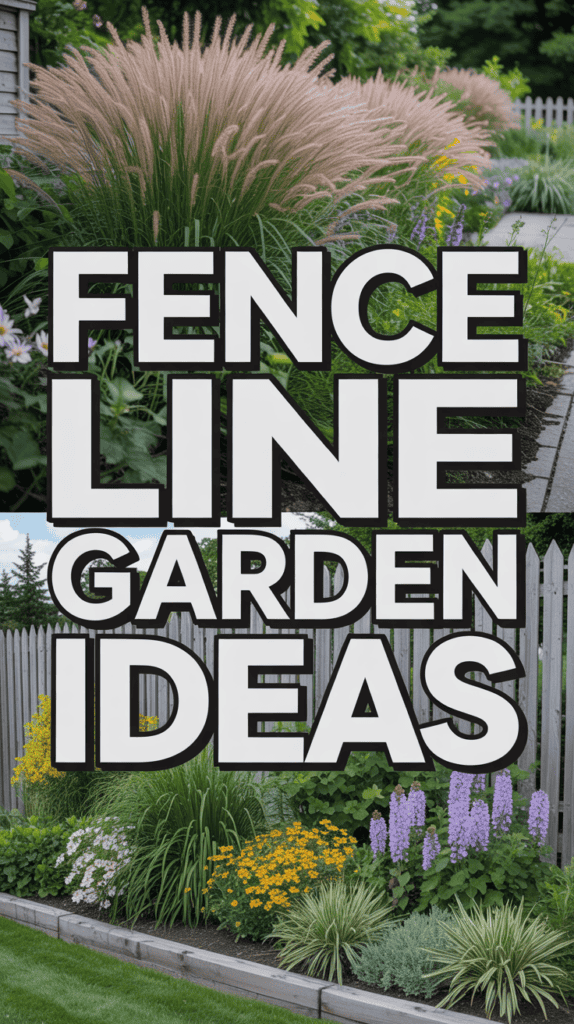 Ornamental grasses and vibrant flowers bordering a wooden fence, with large text reading "Fence Line Garden Ideas."
