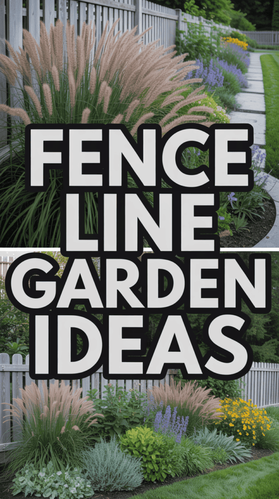 Ornamental grasses and colorful flowers line a garden path against a wooden fence, with text "Fence Line Garden Ideas."