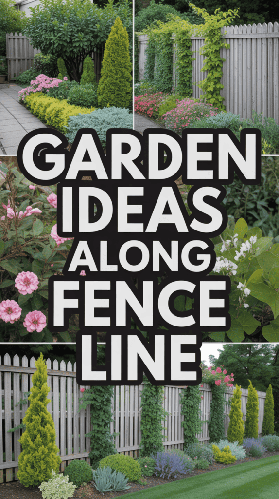 Collage of garden ideas along a fence with various plants and flowers, including pink blooms and evergreen shrubs.