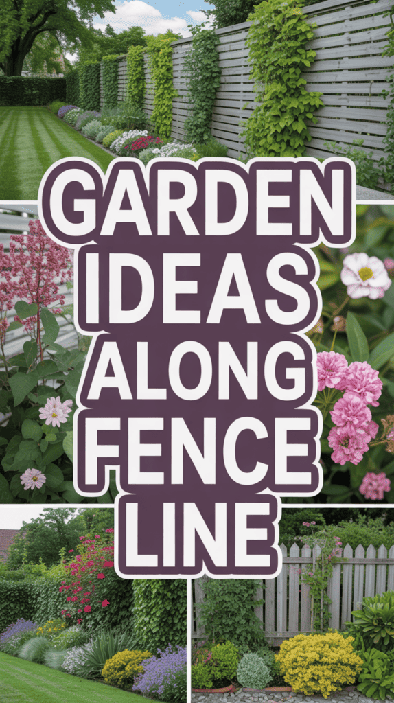 Garden with various flowering plants and greenery along a wooden fence.