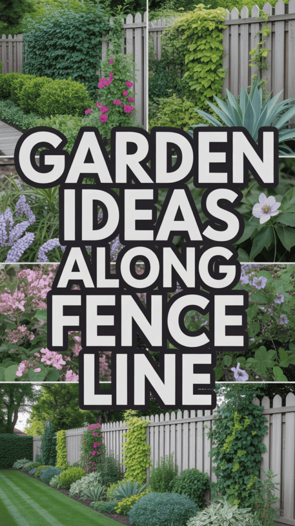 Lush garden with various flowering plants and shrubs growing along a wooden fence, with text saying "Garden Ideas Along Fence Line."