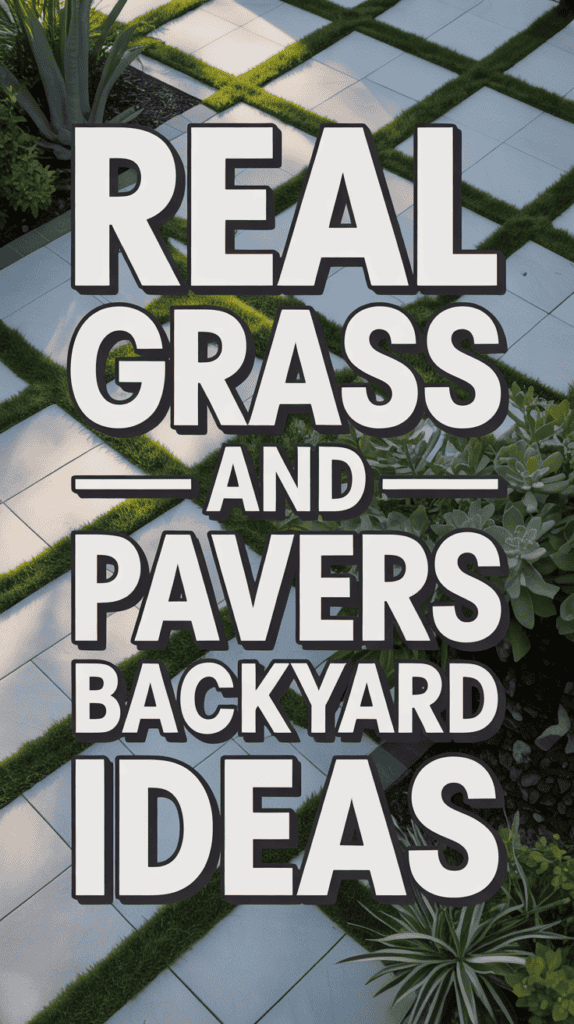 Text overlay on a courtyard of pavers with grass in between, displaying "Real Grass and Pavers Backyard Ideas."