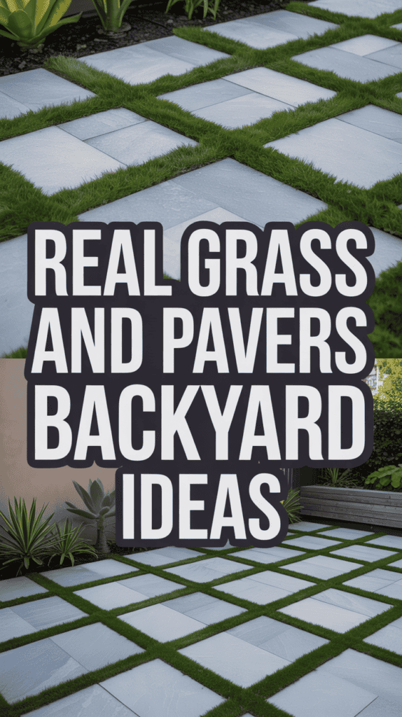 Interlocking pavers with grass between them in a backyard setting with surrounding plants.